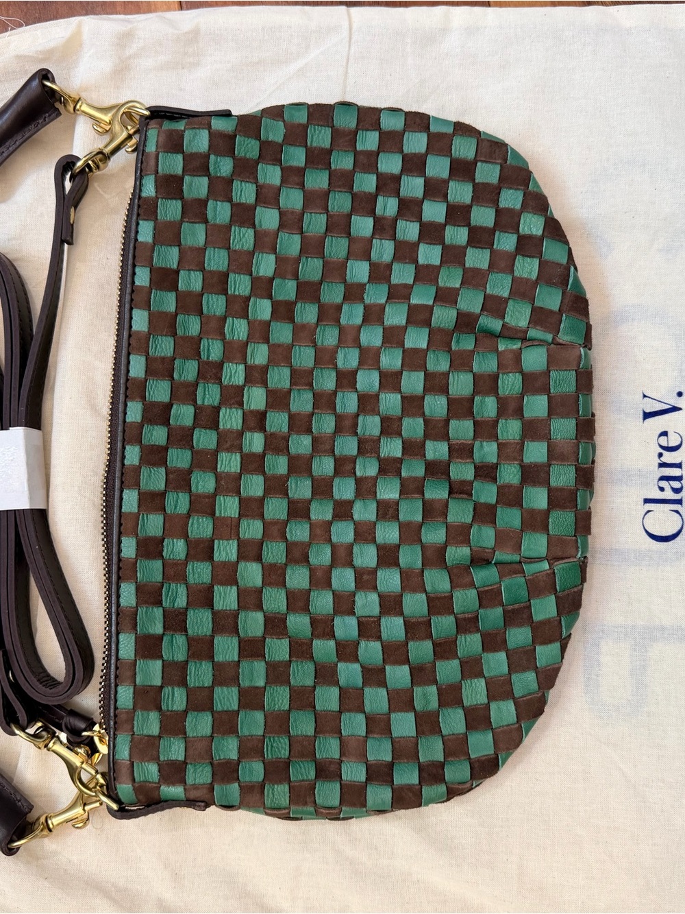 Clare V. Petit Moyen Pine/Chocolate Woven Checker Crossbody Bag + Dust Bag - Picture 3 of 8